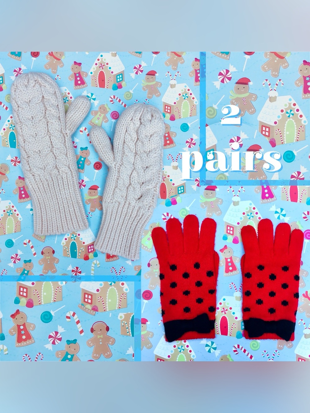 2 Pair Bundle ❉ GapKids Cable Knit Cream Mittens & Red Bow Polka Dot Gloves